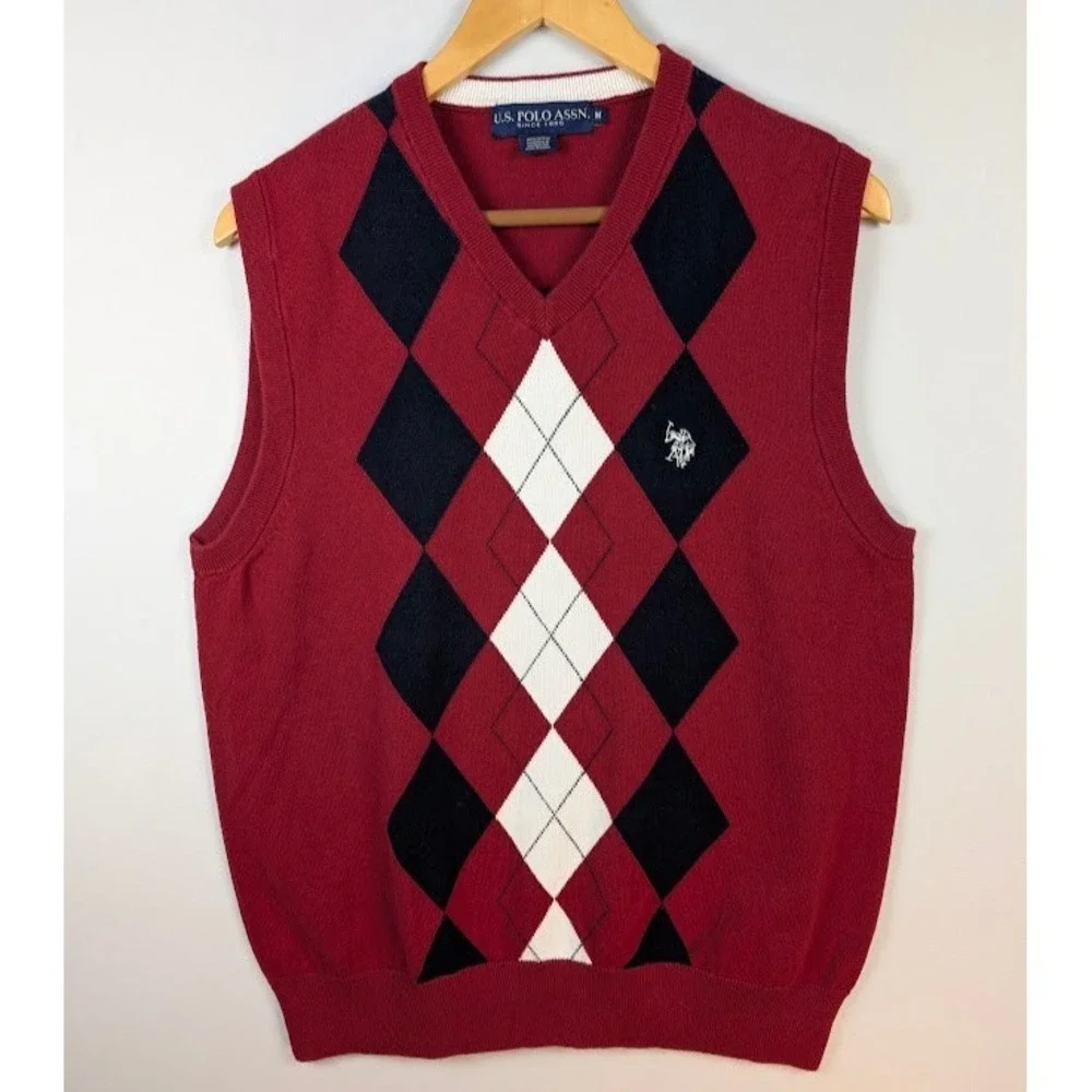 US Polo Assn Argyle Sweater Vest Mens M Burgundy V-Neck 100% Cotton 39